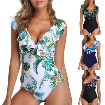 

Vertvie Women Ruffle One-piece Swimsuit Deep V Neck Flounce Swimwear Summer Beachwear 2020 Feamale Push Up Bathing Suit Biquini
