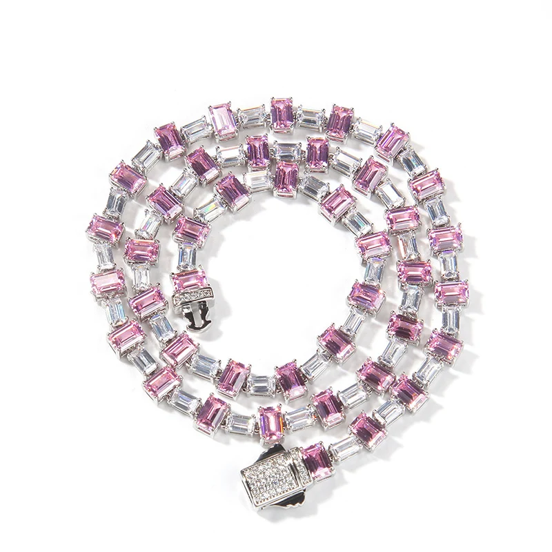 

Hip Hop Pink White Square CZ Stone Bling Iced Out Tennis Link Chain Chokers Necklaces for Men Women Unisex Rapper Jewelry