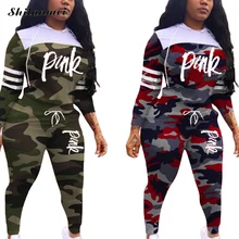 New Pink Letter Print Sportwear Casual Two Piece Tracksuit Women Camouflage Hoodies + Skinny Pants Suit Streetwear 2pcs Outfits