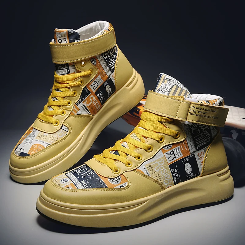 Fashion Personality Graffiti High Top Vulcanized Shoes Men All Match Fashion Sneakers Men Convenient Hook Loop Male Shoes