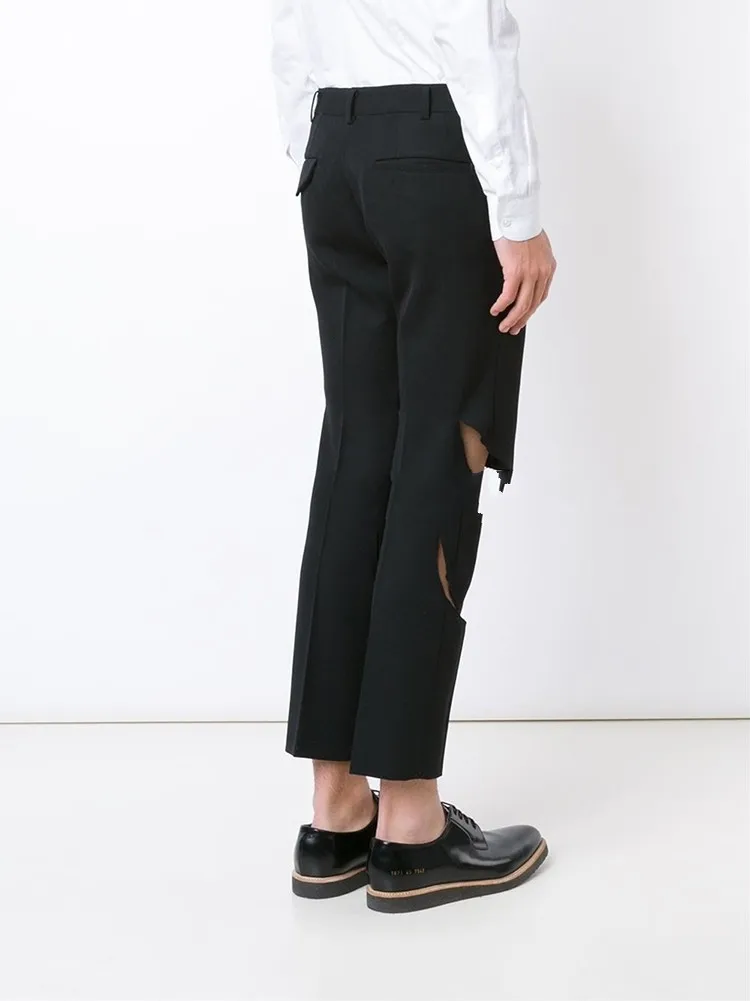 Spring and summer new men's fashion personality casual pants slim knee leg broken hole pants pure color youth pencil pants