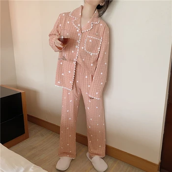 

women pink pajamas set home suit autumn winter polka dot blouse cardigans pants 2 piece set sleepwear cotton homewear Y133