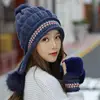 Girl Warm Ski Brand rabbit Fur Pom Poms Warm Gloves + knit hat set Winter Women Wool Beanie Hat thick Skullies Female Cap ► Photo 3/6