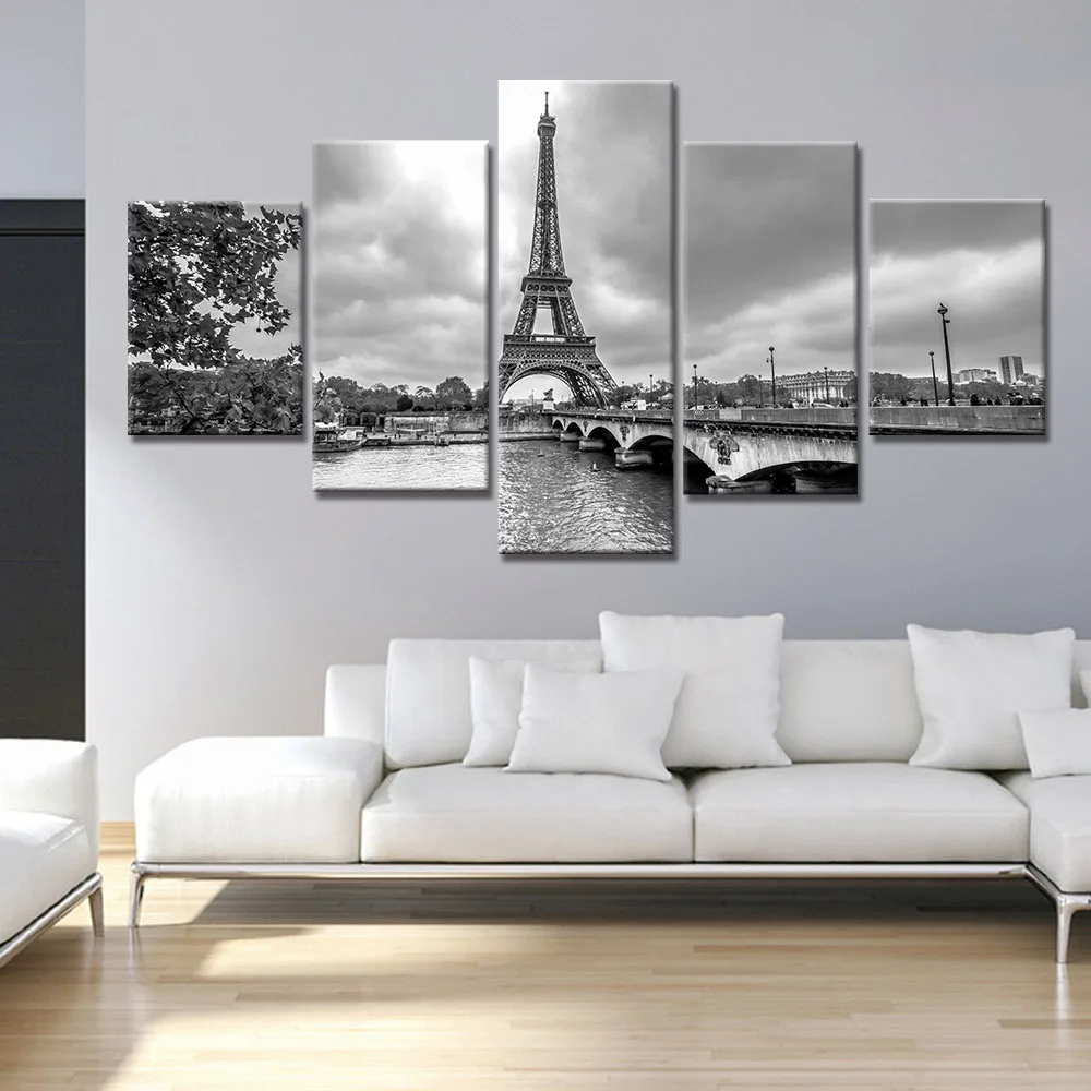 

5 Panel Retro Modular Posters Wall Art Canvas HD Printed Oil Paintings Black And White Paris Tower Scene Pictures Home Decor