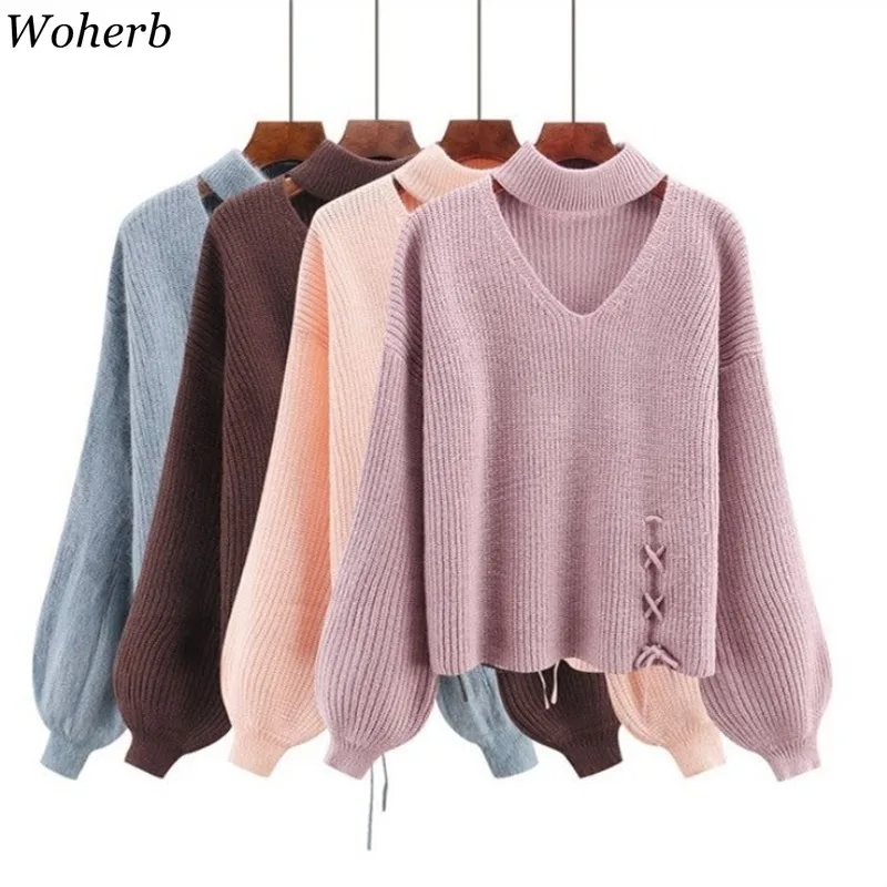 Woherb/трикотажные свитера с завышенной талией и v-образным вырезом, с v-образным вырезом, однотонный пуловер, Милый джемпер, Осень-зима, Винтажное с рукавами-фонариками, свитера