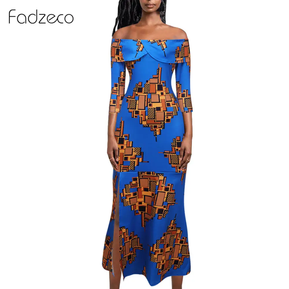 Blue Fadzeco африканские платья для женщин осень Половина рукава с открытыми плечами разрезом сбоку сексуальный длинный Макси платье с этническим принтом рыбий хвост платье - Цвет: Blue