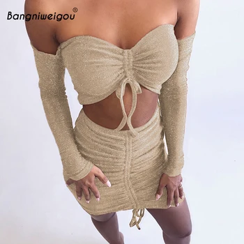 

Bangniweigou Shiny Shirred Bandeau Top Glitter Ruched Skirt Set 2 Piece Women Off Shoulder Top Drawstring Skirt Glitter Club Set