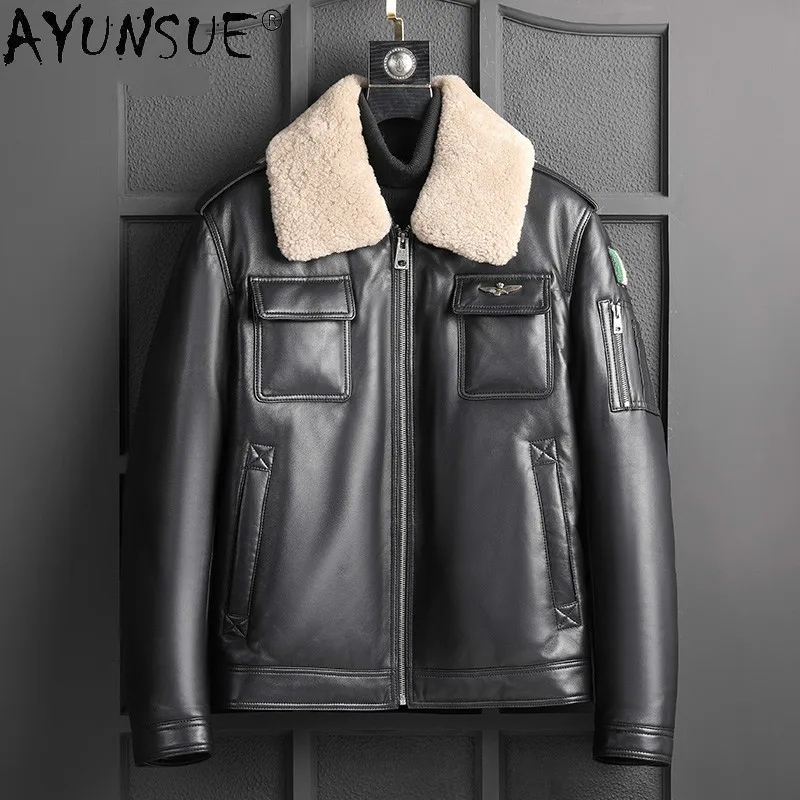 

AYUNSUE Genuine Sheepskin Leather Jacket Men Real Wool Fur Collar Clothes Winter 90% White Duck Down Jackets Ropa Hombre LXR994