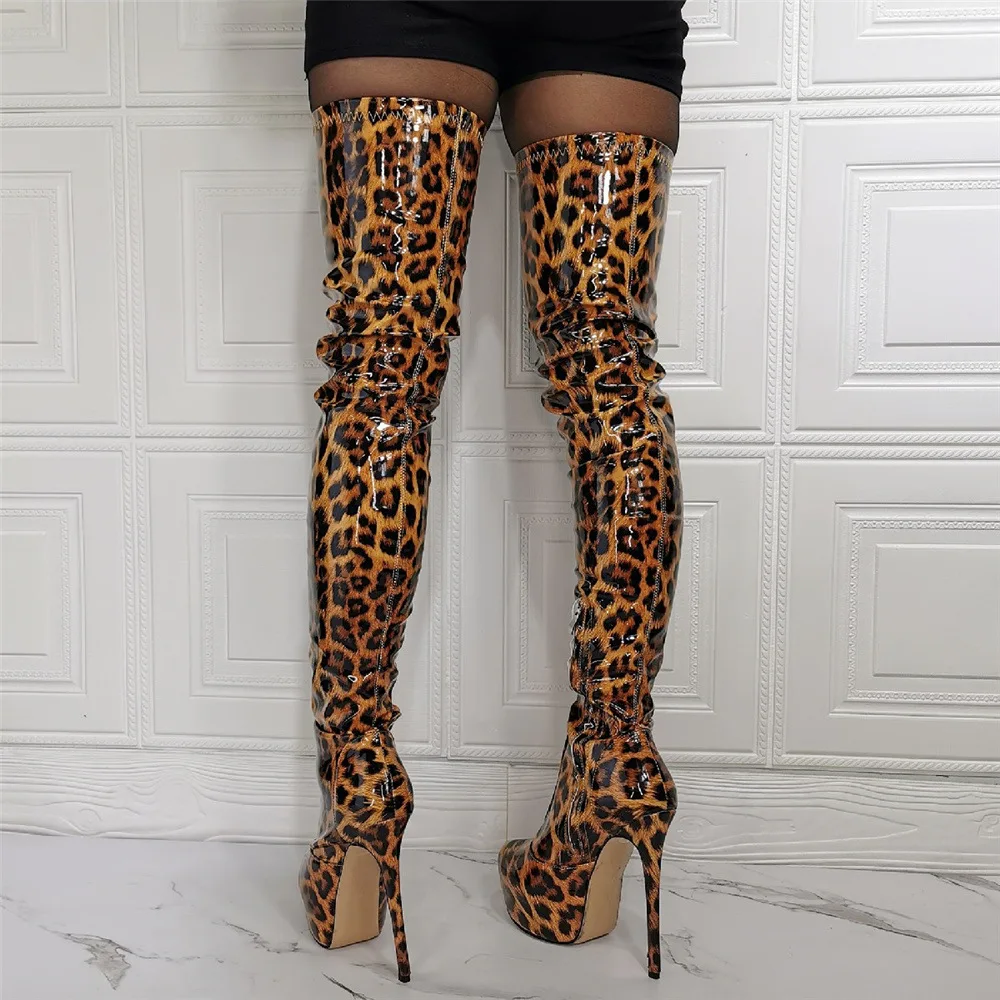 Kolnoo New Classic Eurolish Womens High Heels Over Knee Boots Patent Leopard Leather Sexy Thigh-high Boots Evening Fashion Shoes