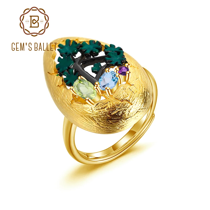 GEM'S BALLET 925 Silver Gold Plated Handmade Tree Enamel Craft Ring Natural Mixed Gemstone Women's Adjustable Cocktail Rings GEM'S BALLET 925 Silver Gold Plated Handmade Tree Enamel Craft Ring Natural Mixed Gemstone Women's Adjustable Cocktail Rings