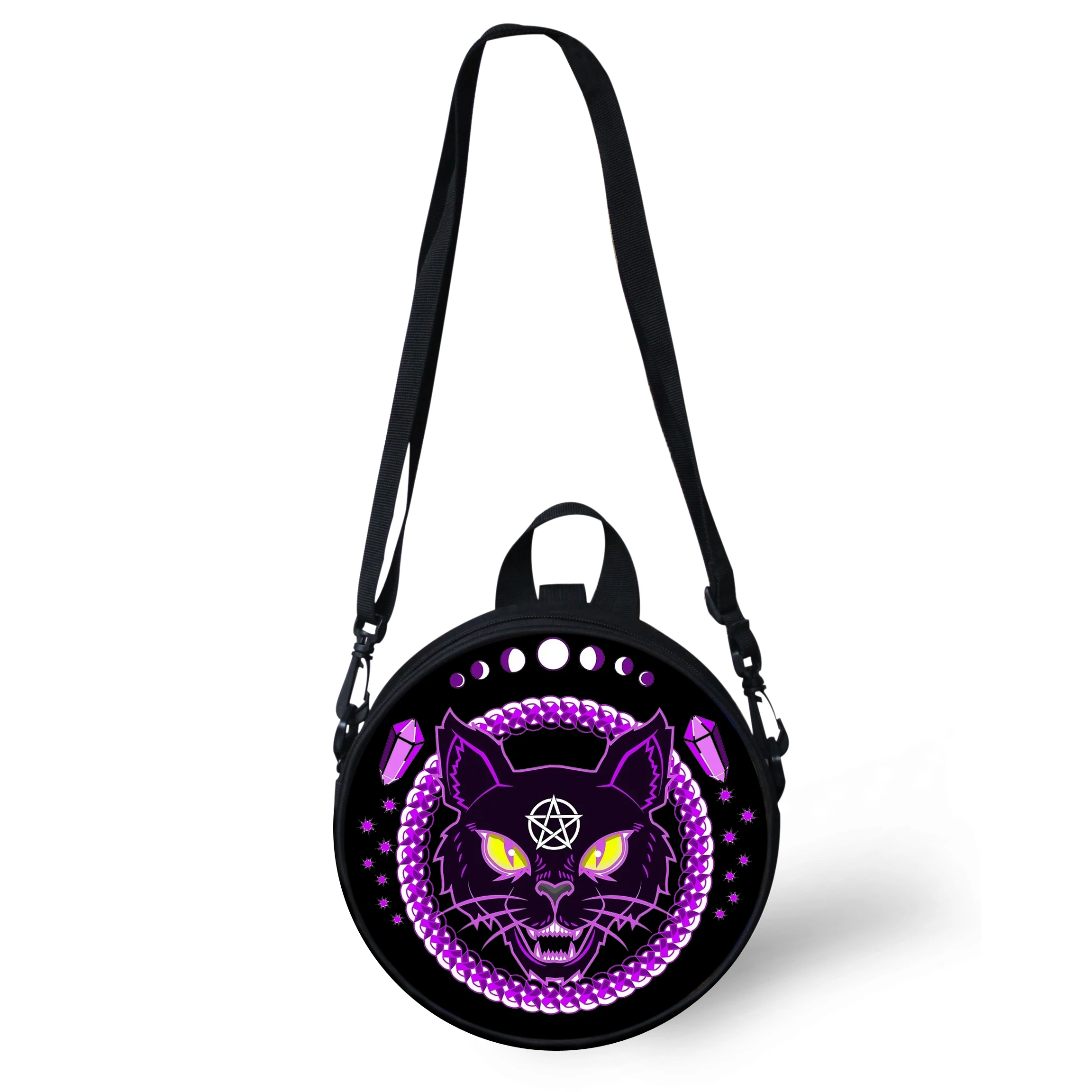 

Gothic Girls Round Shoulder Bag Women Kids Designer Witchcraft Black Cat Circular Messenger Crossbody Bag Teenager Satchel 2019