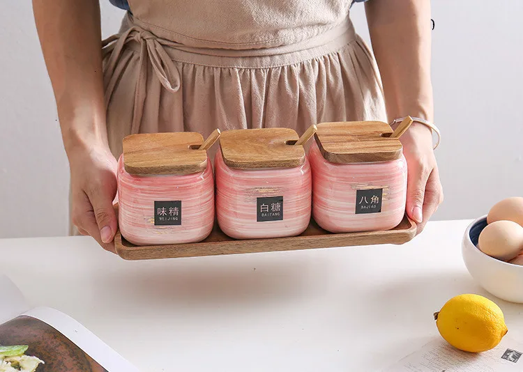 Ceramic Condiment Storage Jar Household Seasoning Pot Bamboo Tray Spice Jar Soy Sauce Box Salt Sugar Can Kitchen Organizer Tools