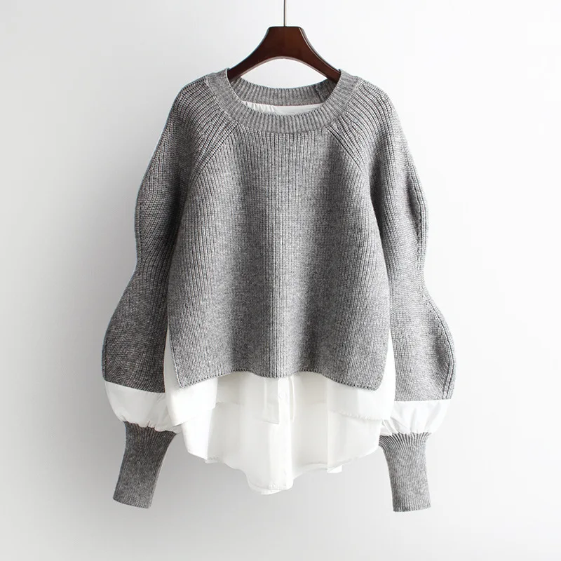 

Women's Patchwork Fake Two Pieces Loose Knitted Sweater 2020 Autumn Winter Korean Large Size lazy sweater Thicken Leisure Tops