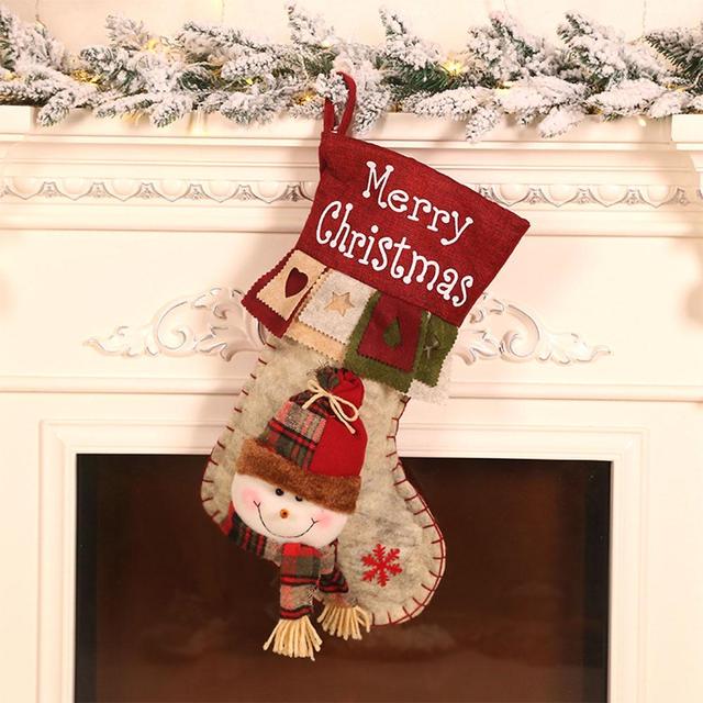 Stocking Linen Printing Creative Cartoon Three-dimensional Christmas Socks Gift Bag Snowman Elk Old-style Patch Socks