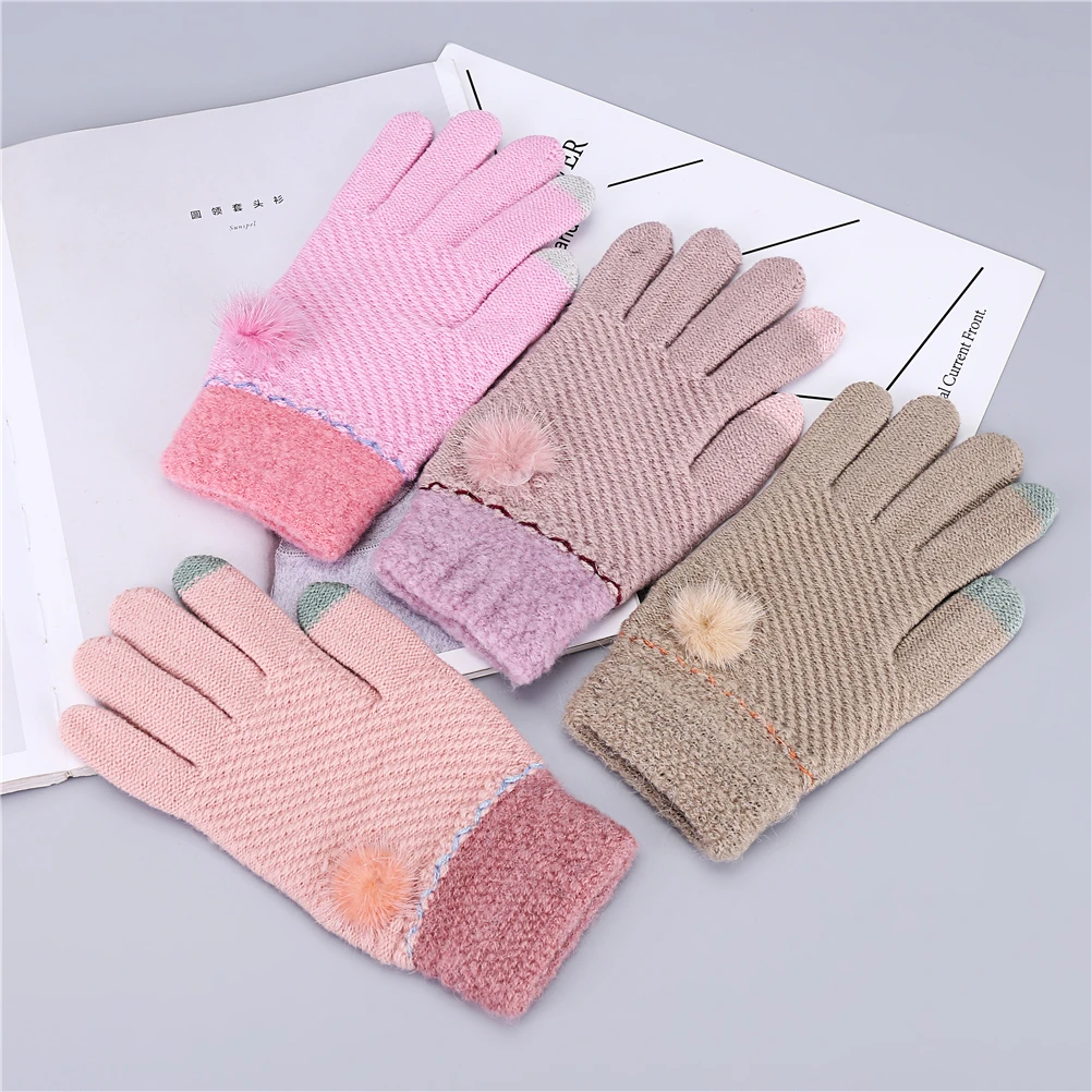 

M MISM Solid Knitted Gloves For Woman Wool Full Finger Winter Gloves Classic Thicken Warm Elastic Wrist Mittens Plush Manopla