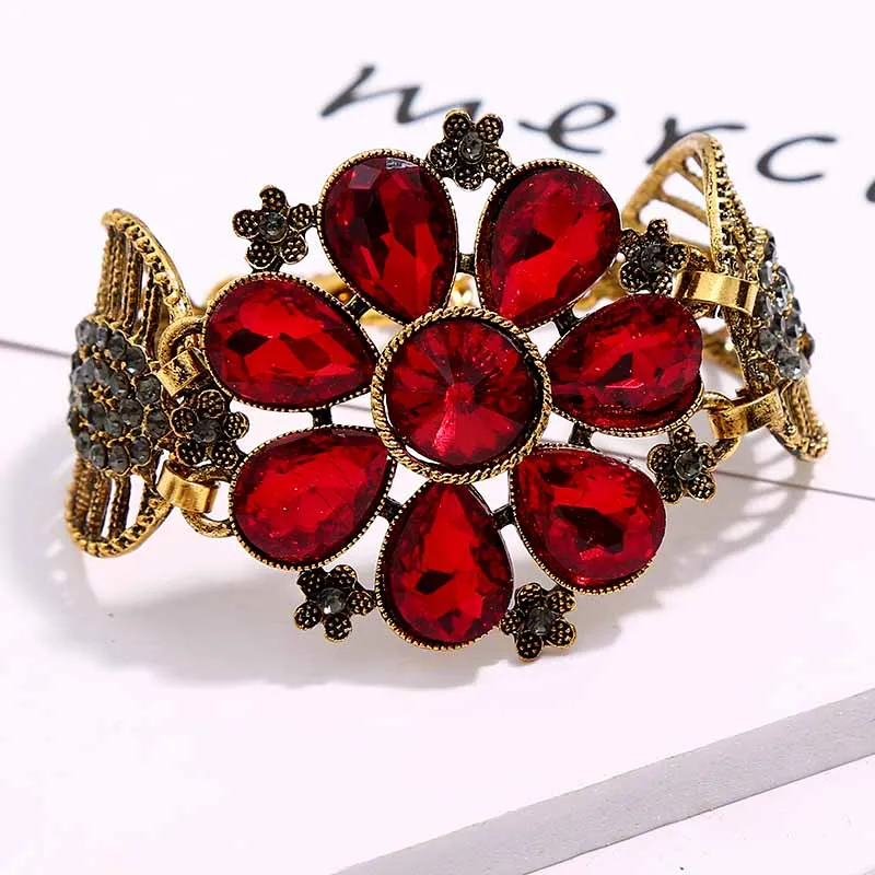Crazy Feng красный зеленый CZ Большой браслет для женщин античные, винтажные украшения золотого цвета турецкие вечерние браслеты Bijoux