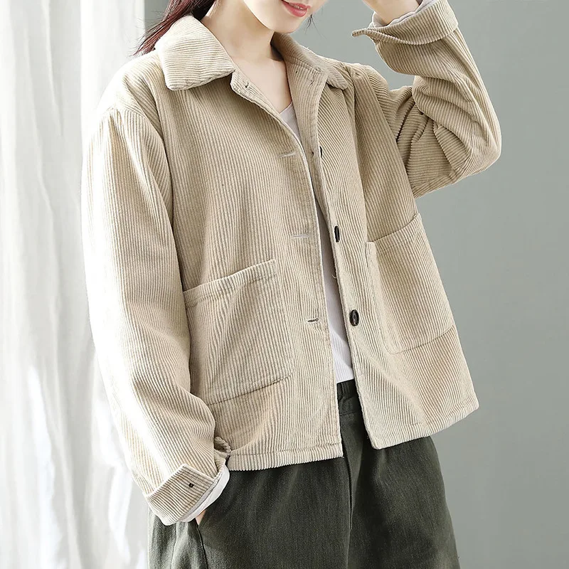 Winter New Style Solid Color Thick Cropped Jacket Corduroy Long Sleeve plus Velvet Cotton-padded Clothes Loose Warm Corduro