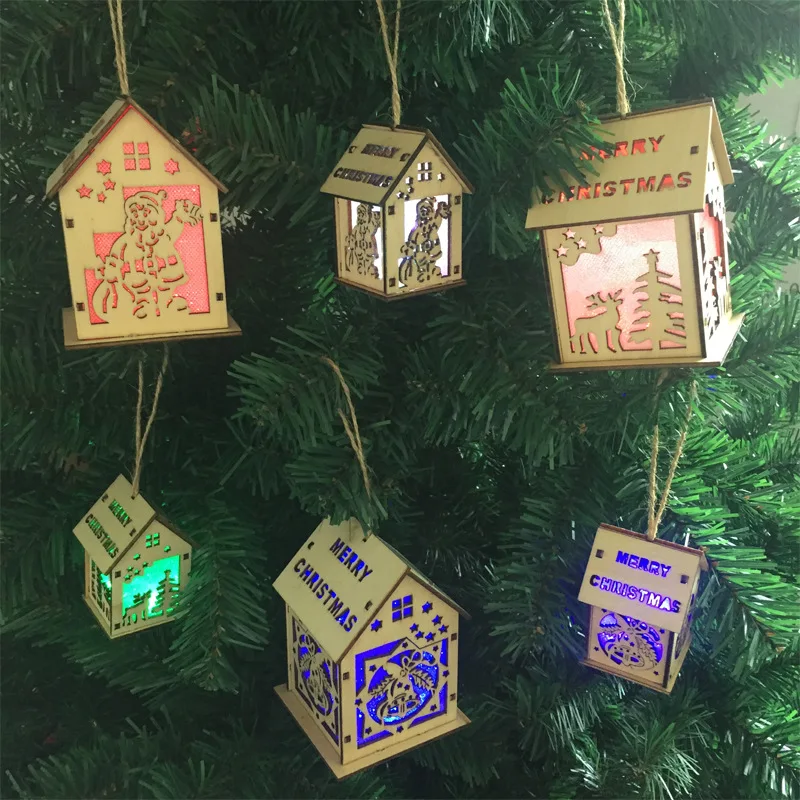 

DIY Wooden House LED Light for Christmas Hanging Ornaments Christmas Tree Decorations Home Decorative Lights Xmas Gifts 6 Pcs