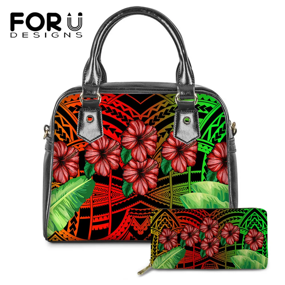 

FOURDESIGNS Gradient Hibiscus Leaf Printing Women Fashion 2pcs Large Capacity PU Leather Handbag Brand Designer Long Purse 2020