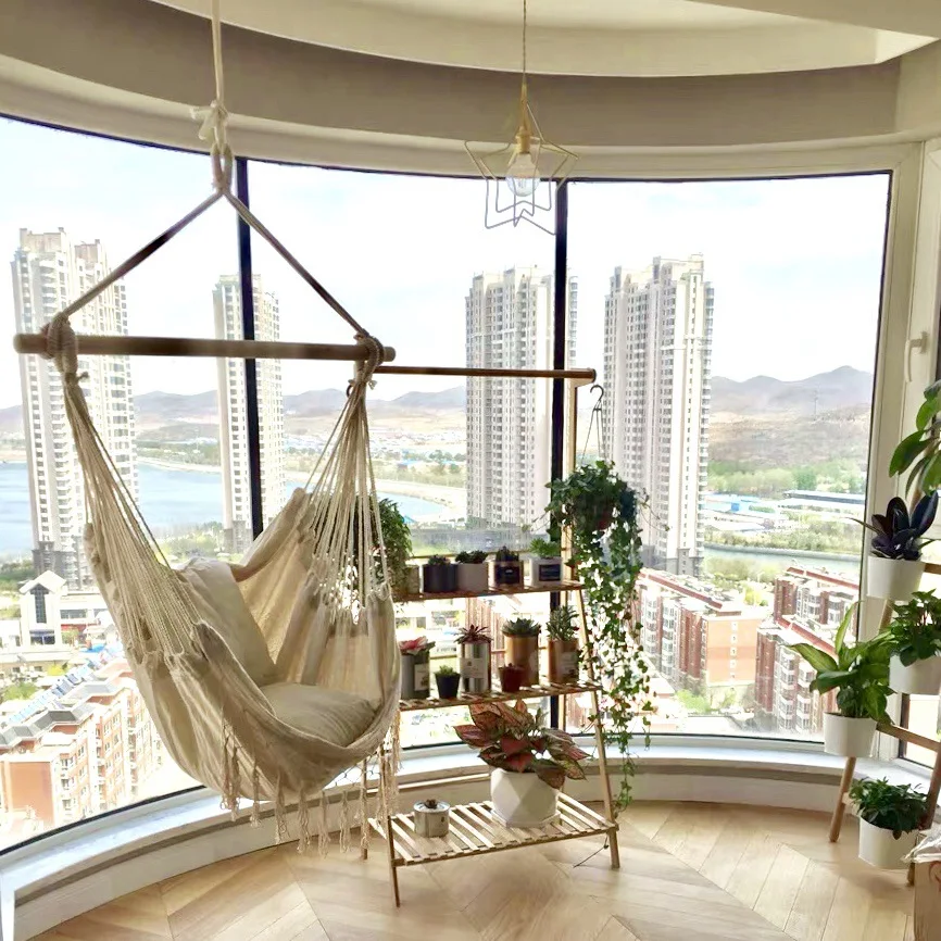 

INS Bouncers,Jumpers Swings bed Tassels Hanging Chair with Wooden Stick Canvas d Art Simple Hanging Chair Indoor Household