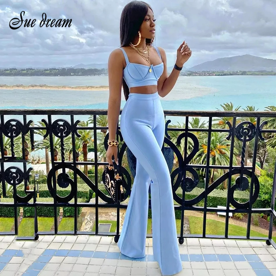 Pants Set Short-Top Trousers Bandage Flared 2-Two-Piece-Set High-Waist Summer Fashion