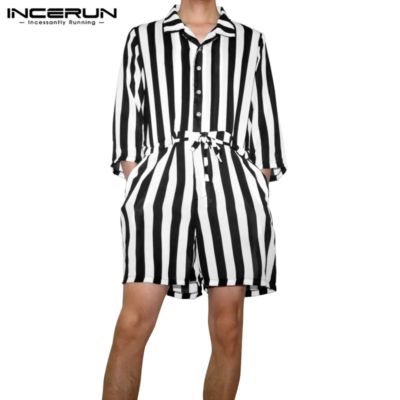 INCERUN, мужской ретро повседневный комбинезон в полоску, 3/4 рукав, с отворотом, модный элегантный свободный пояс, мужской комбинезон, комбинезоны, уличные джоггеры