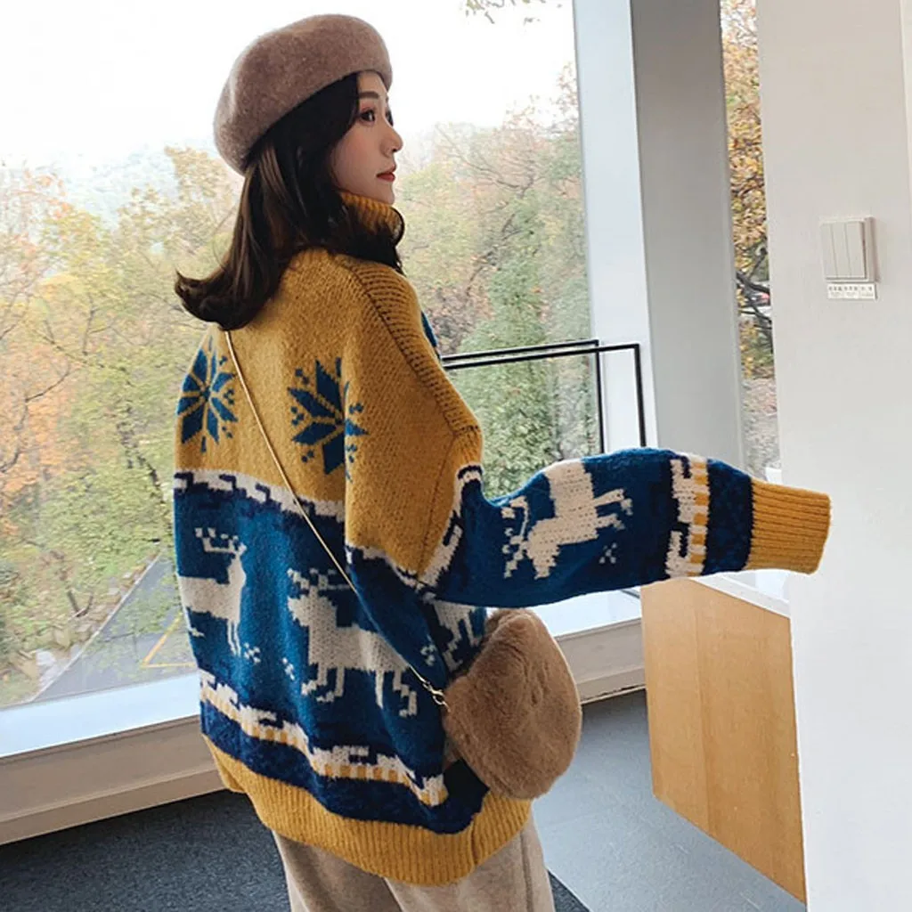 Pull femme nouveaute, Рождественский свитер для женщин, круглый вырез, длинный рукав, веселый принт с рождественским лосем, вязаный свитер, пуловер, Джерси