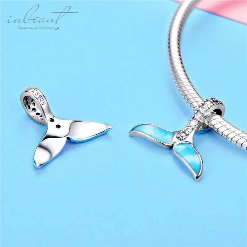 S925 серебро fit Pandora браслет синий Дельфин хвост талисманы 925 белый круглый Циркон рыбий хвост бусины для DIY банльж цепи