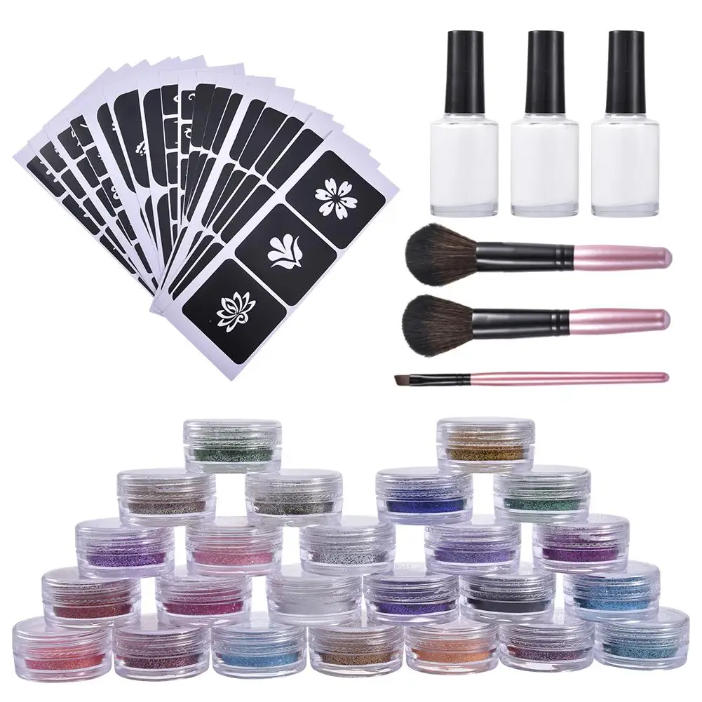 24 PCS Colors Glitter Flash Powder For Temporary Tattoo Set With 120 Stencils Template Kids Adult Party Body Painting Art Set 24 PCS Colors Glitter Flash Powder For Temporary Tattoo Set With 120 Stencils Template Kids Adult Party Body Painting Art Set