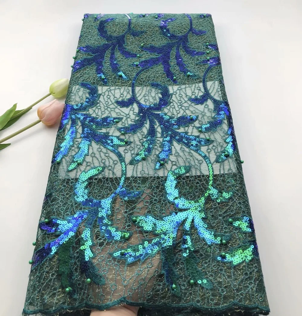 blue french lace fabric high quality lace material beaded lace fabric tissu dentelle glitter sequins fabric 5yard/lot