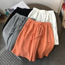 FAKUNTN High Waist Wide Leg Short Pants Women Black Knee Length Pants Drawstring Korean Pure Cotton Casual Loose Trousers
