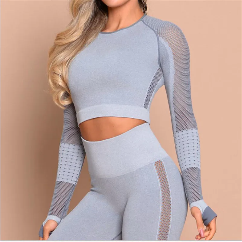 

Yoga Shirts Women Gym Hollow Mesh Sexy Dew Navel Female Tight Fitting Quick Drying Long Sleeve Clothes Training Yoga Sportswear