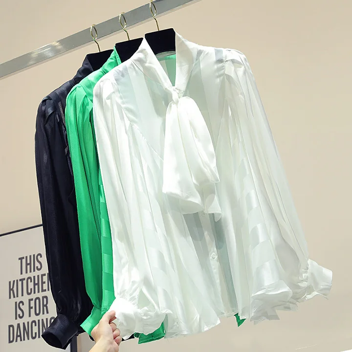 Осень, Blusas для женщин, корейский галстук-ап, однотонные рубашки для девочек, женская рубашка с рукавом-фонариком и воротником-бабочкой, блузка, женские топы
