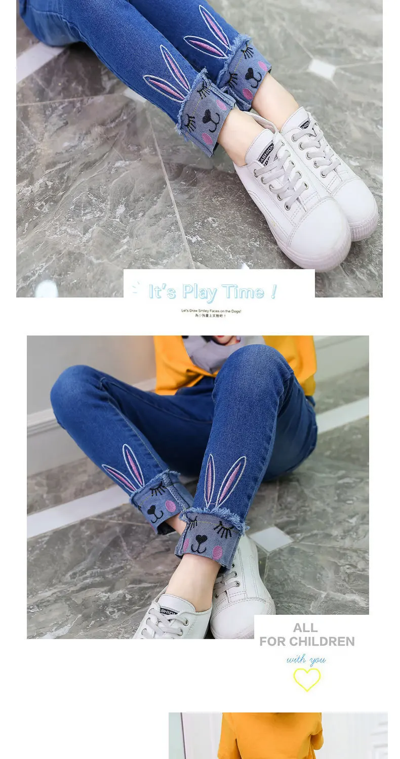 Girls'jeans детская одежда в мультипликационном стиле; джинсы c кроликами в весенне-Осенняя детская одежда джинсы для маленьких девочек От 3 до 12 лет, 40