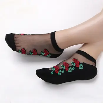 

1 Pair New Fashion Embroidery Socks Women Girls Flower Crystal Silk Low Cut Ankle Socks Black White