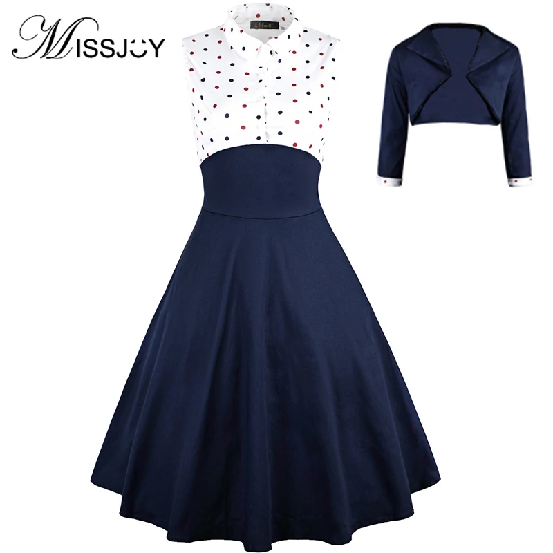 

MISSJOY Two pieces set Women 2019 Autumn 3/4 Sleeve Polka Dot Print Vintage Rockabilly pin up Ladies Party dresses with belt 3XL