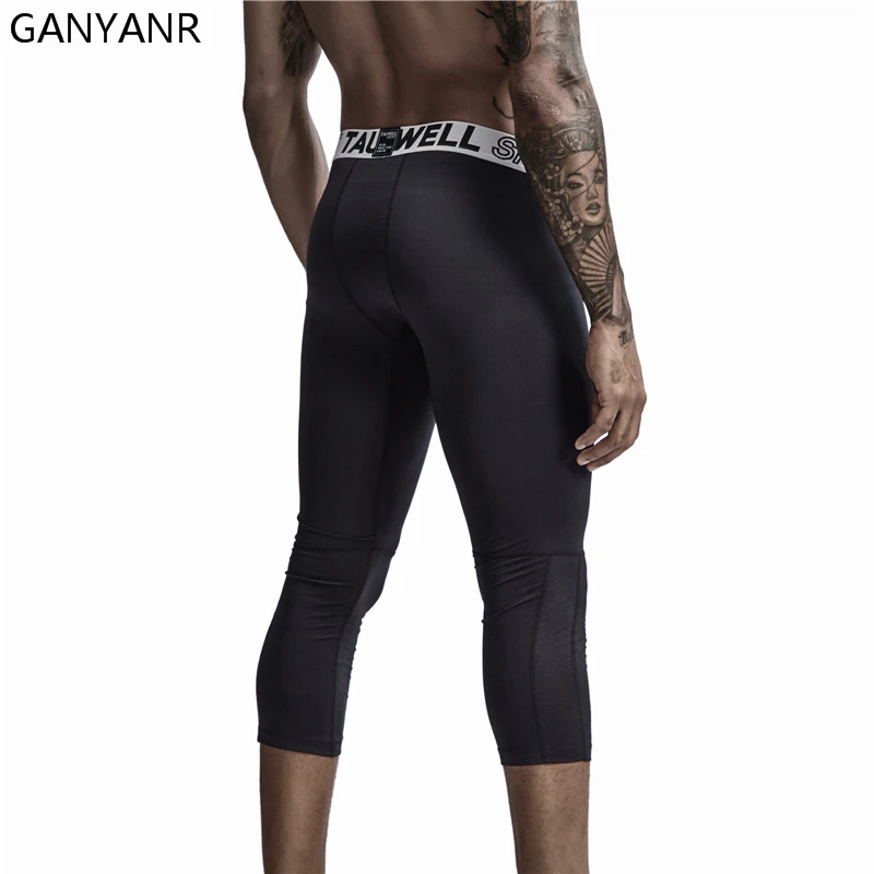 GANYANR Men Compression Pants Running Tights Gym Leggings Basketball Sports Fitness Sexy 3/4 Length Training Soccer Workout