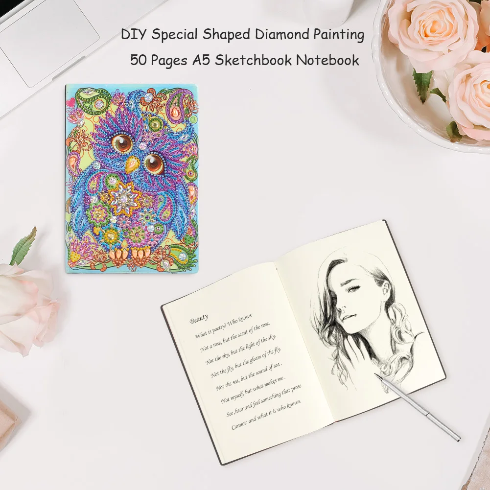 DIY Special Shaped Diamond Painting Owl Bird 50 Pages Office Notebook Cross Stitch Embroidery Sketchbook Drawing Book