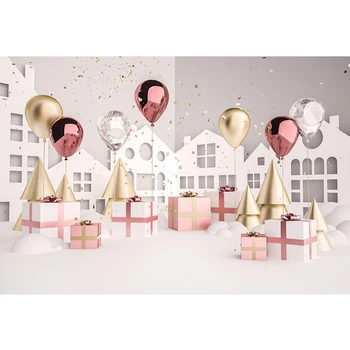 

Baby Kids Birthday Party Photo Backdrop Banner Vinyl Printed Gold Red Silver Balloons Presents Newborn Photography Backgrounds