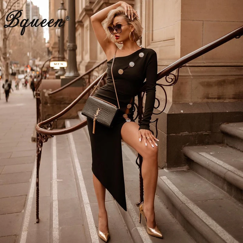 Bqueen, сексуальные вечерние платья на одно плечо с длинным рукавом, элегантные женские платья с высоким разрезом