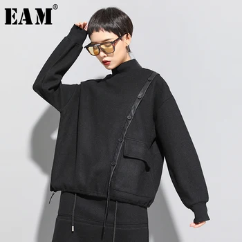 

[EAM] Loose Fit Black Button Split Joint Oversized Sweatshirt New Turtleneck Long Sleeve Women Big Size Fashion Tide Spring 2020