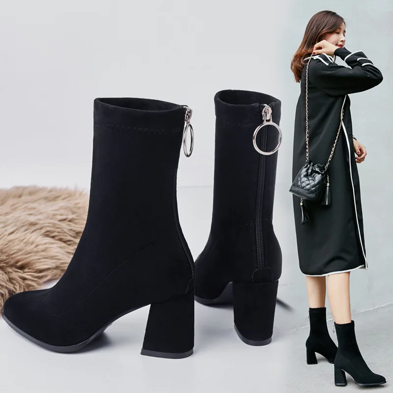 

Short Boots Women's 2018 Autumn And Winter Korean-style New Style Versatile Slimming Stretch Boots Chunky Heel Pointed High Heel
