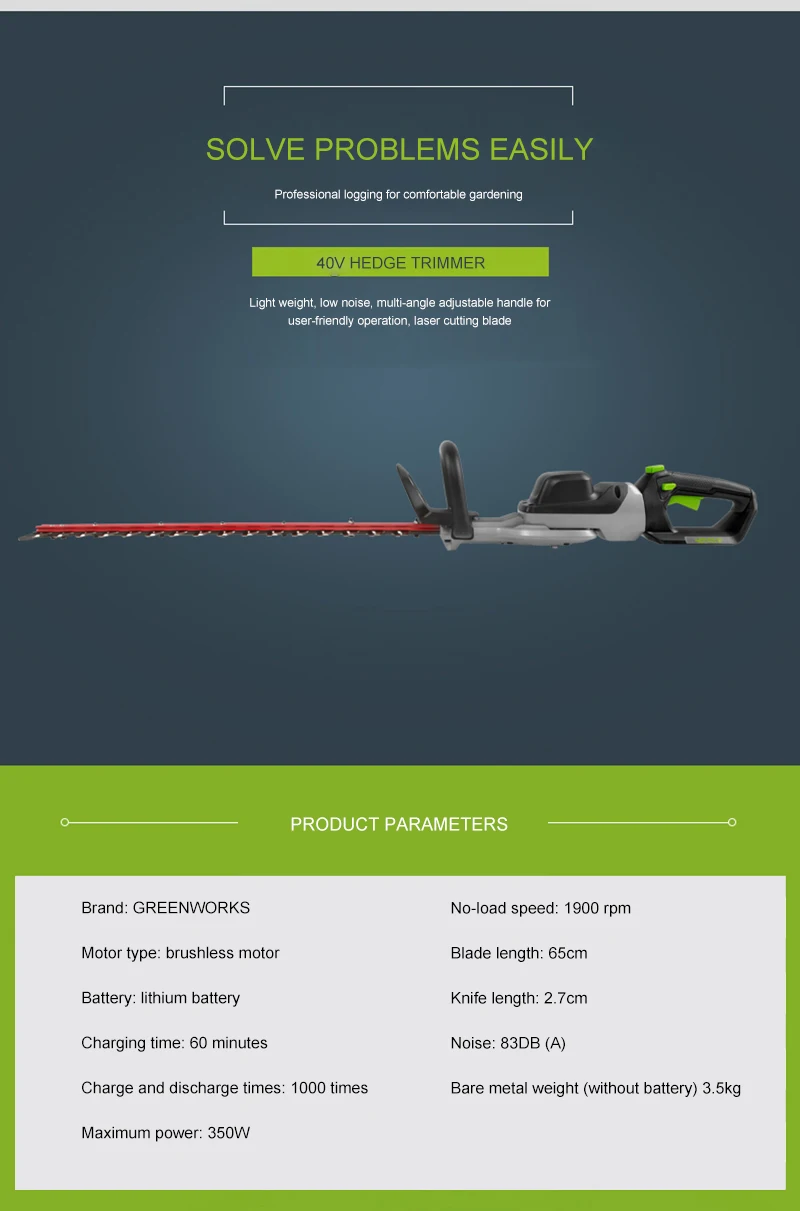 GREENWORKS 40V Lithium 350W Cordless Hedge Trimmer Lightweight Low Noise Electric Hedge Trimmer Fast Charging Pruning Saw