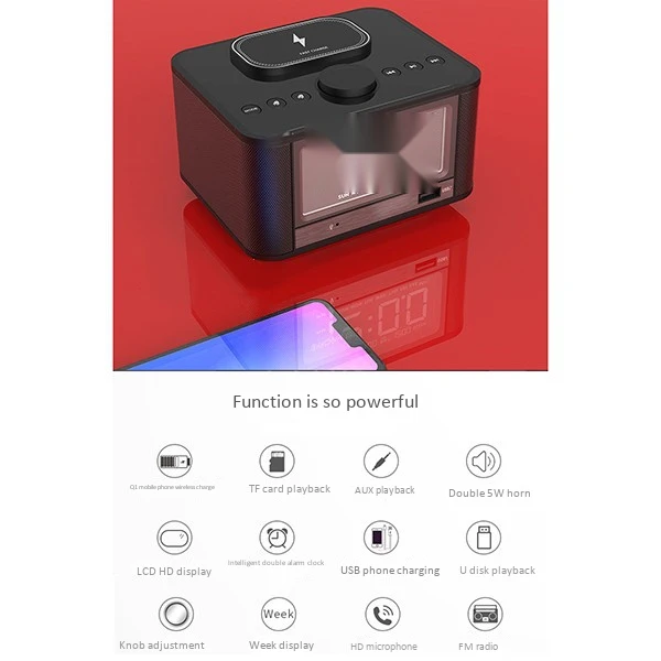 Беспроводная зарядка Будильник Bluetooth динамик fm радио со светодиодным дисплеем