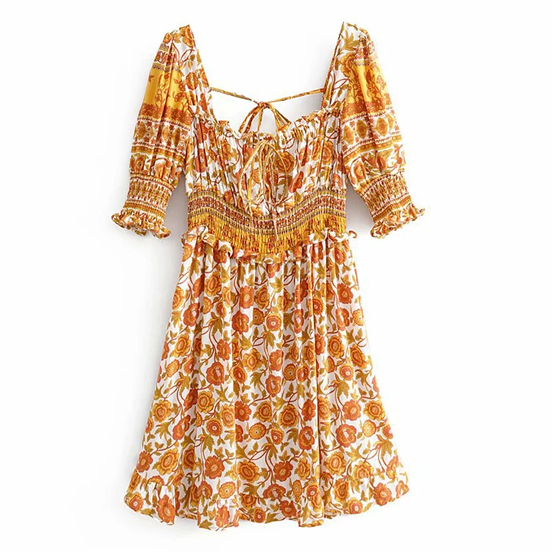 floral dress TEELYNN, сексуальное мини-платье с открытой спиной, винтажное хлопковое летнее платье с цветочным принтом, женские платья с пышными рукавами, Пляжное Платье в стиле бохо, Vestidos - Цвет: floral dress