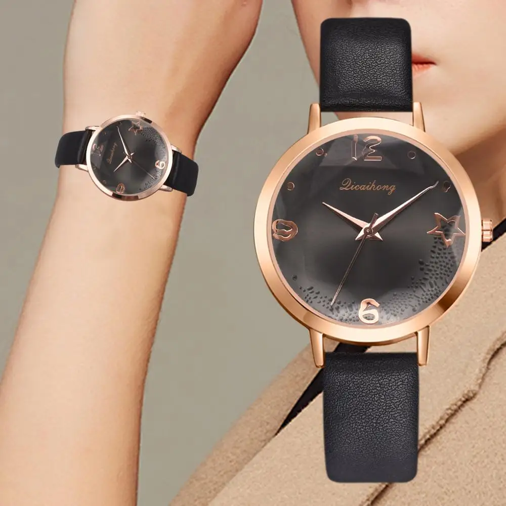 

Top Style Fashion Women's Luxury Leather Band Analog Quartz WristWatch Golden Ladies Watch Women Dress Reloj Mujer Black Clock