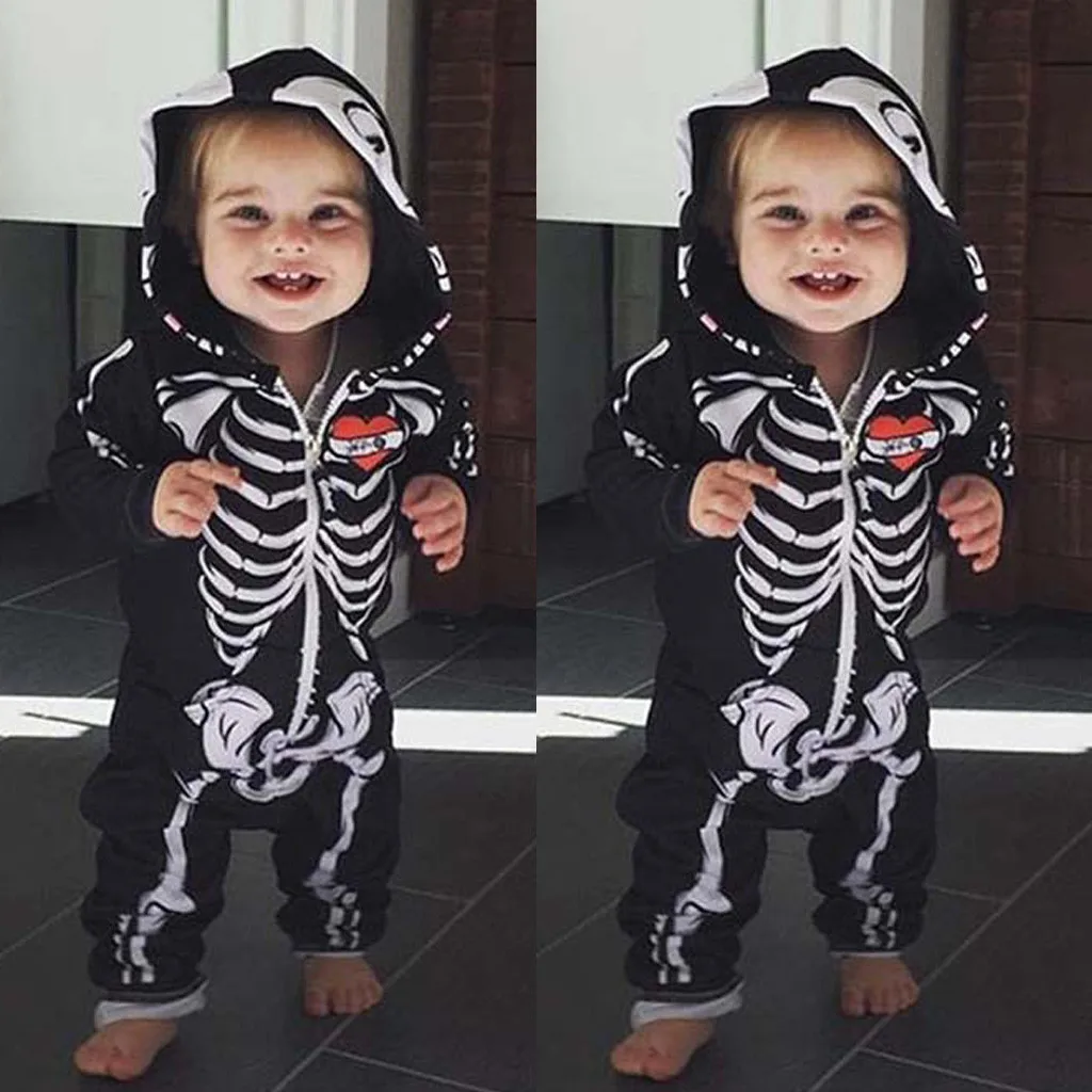 Infant Baby Boys Girls Halloween Hooded Skull Skeleton Romper Jumpsuit Outfits 