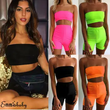 

2019 Women 2 PCS Srappy Crop Top Bodycon Shorts Co Ord Set Party Club Holiday Suit Hot Sale
