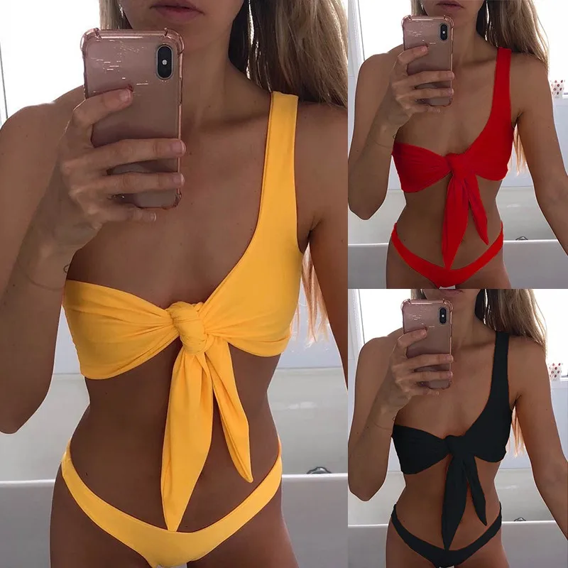 

Single shoulder Bikinis Yellow Women Bandeau bikini Set 2020 Two-Pieces bow-knot swimwear Red Girls Swimsuit Maillot De Bain