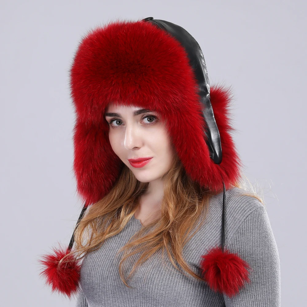 Women real fox fur hat genuine sheepskin leather caps winter warm Ears Fashion Bomber Cap belt new arrival